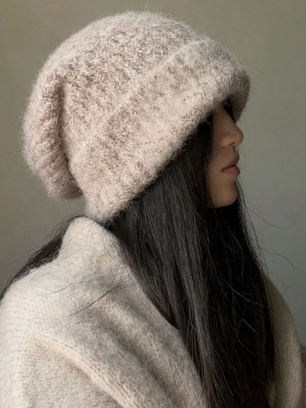 Khaki Casual Women's Fuzzy Plain Knitted Long Beanie